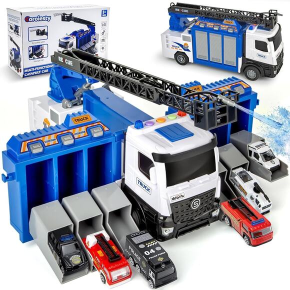 Coroiesty Other - 3-In-1 Large Fire Truck Toy with Garage & 6 Cars, Water Pump, Extendable Ladder,